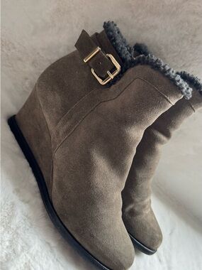 Fendi Taupe Suede Wedge Booties with Shearling Trim